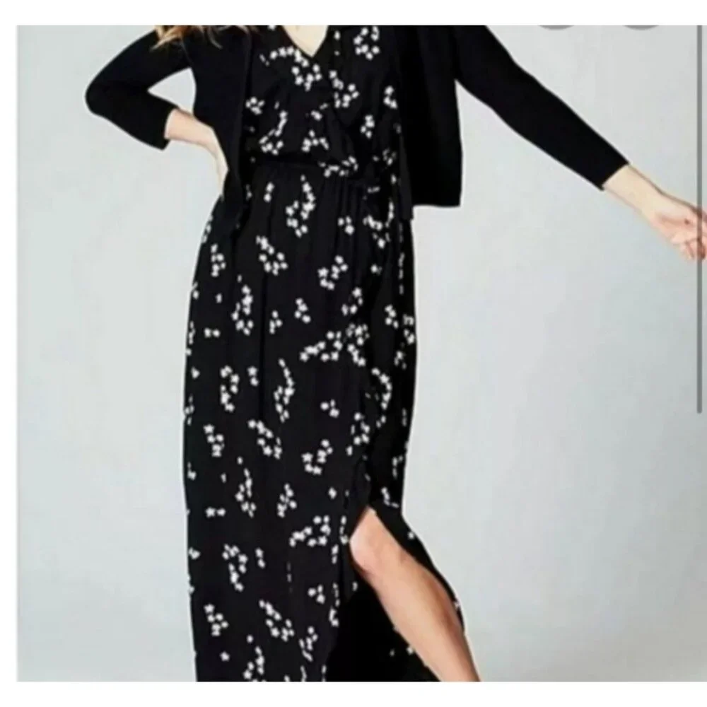 J.Jill Womens XL Petite Black Sleeveless Faux Wrap Maxi Dress Star Floral Ruffle - Picture 7 of 11